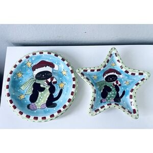 VINTAGE CHRISTMAS CAT & HOLIDAY CERAMIC PLATE ‎ HAND PAINTED HAUSENWARE